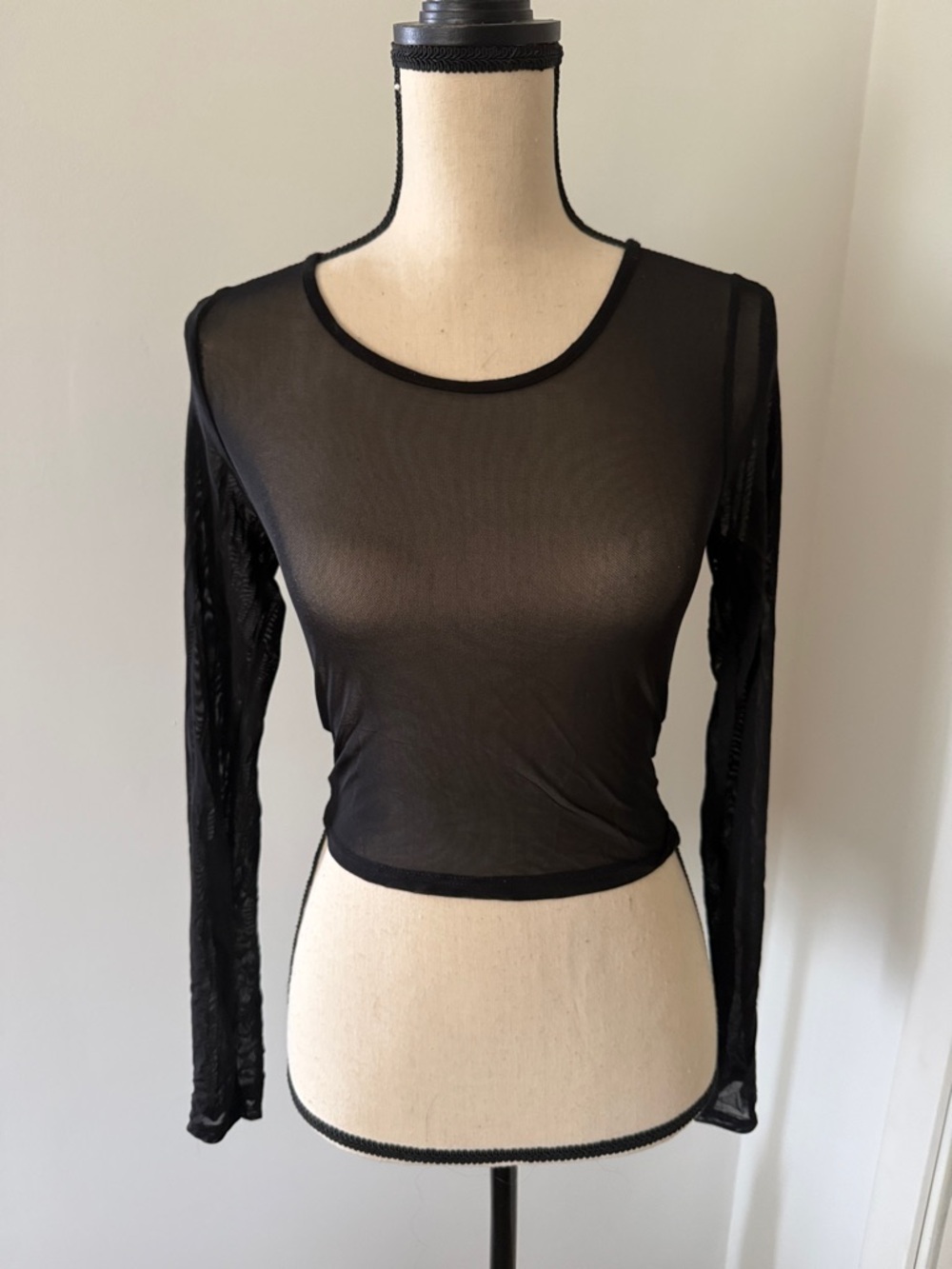 Black Sheer Long-Sleeve Mesh Crop Top